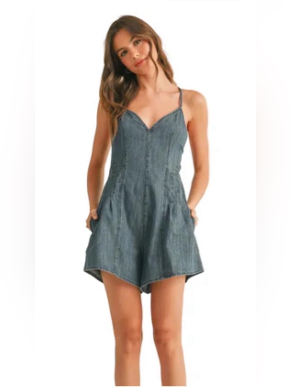 Miou Muse Spaghetti-Strap Denim Romper in Washed Blue - Women Jeans Overalls